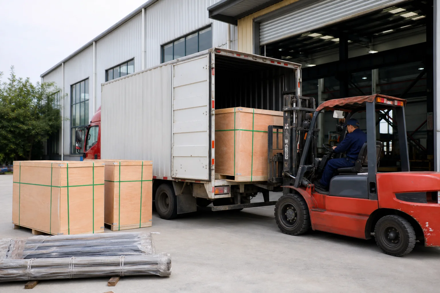 Crated components loaded for dispatch