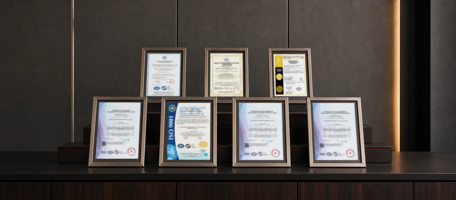 Quality, environmental, API and management documentation mounted in aligned A4 display frames