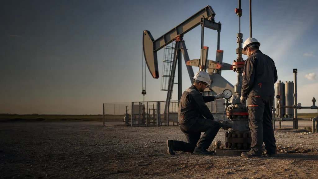 Oilfield technicians inspecting a production wellhead