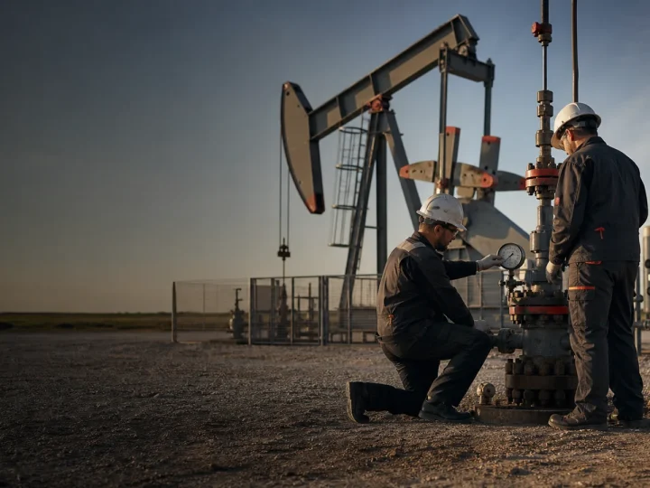 Oilfield technicians inspecting a production wellhead