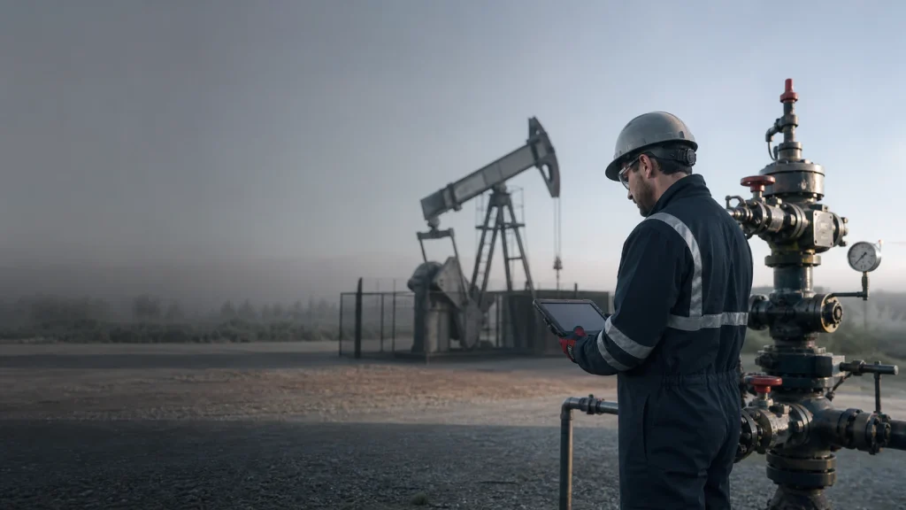 Oilfield engineer reviewing production equipment data at a well site