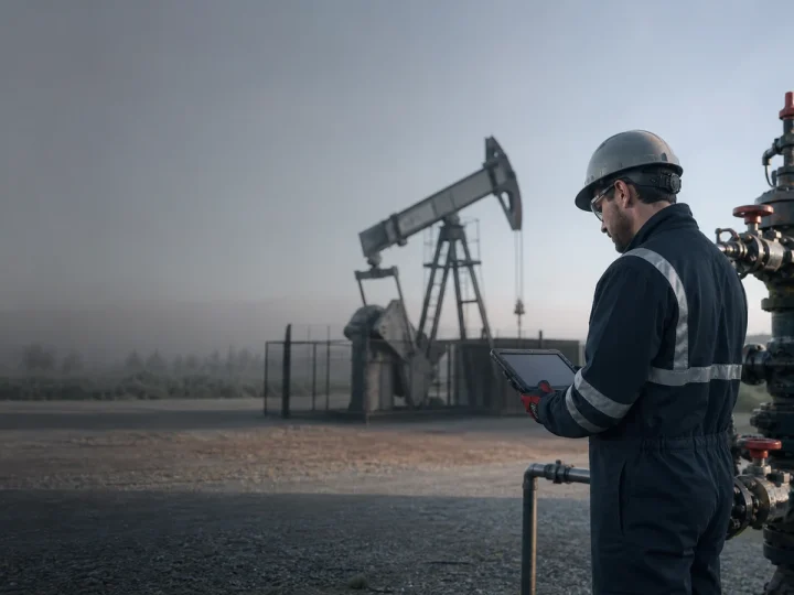 Oilfield engineer reviewing production equipment data at a well site